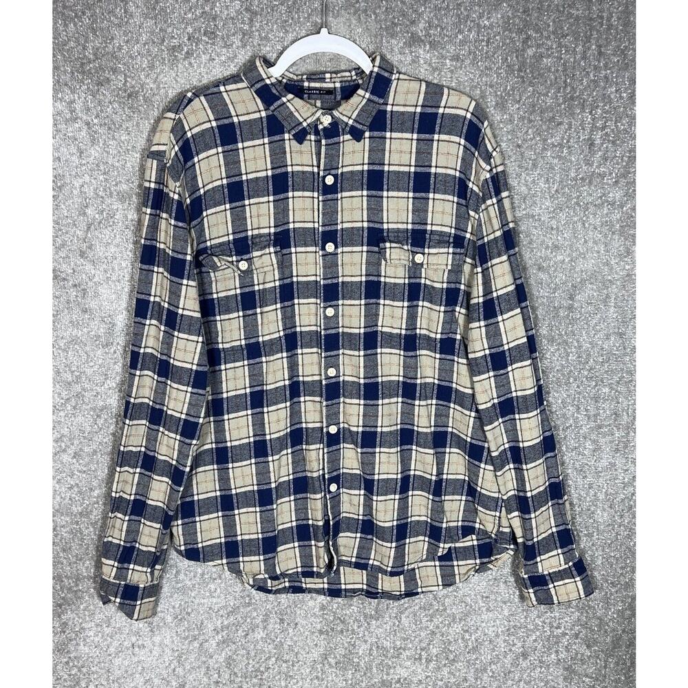 Lucky Brand Flannel Shirt Mens Size XL Classic Fit Blue Beige Plaid Button Up
